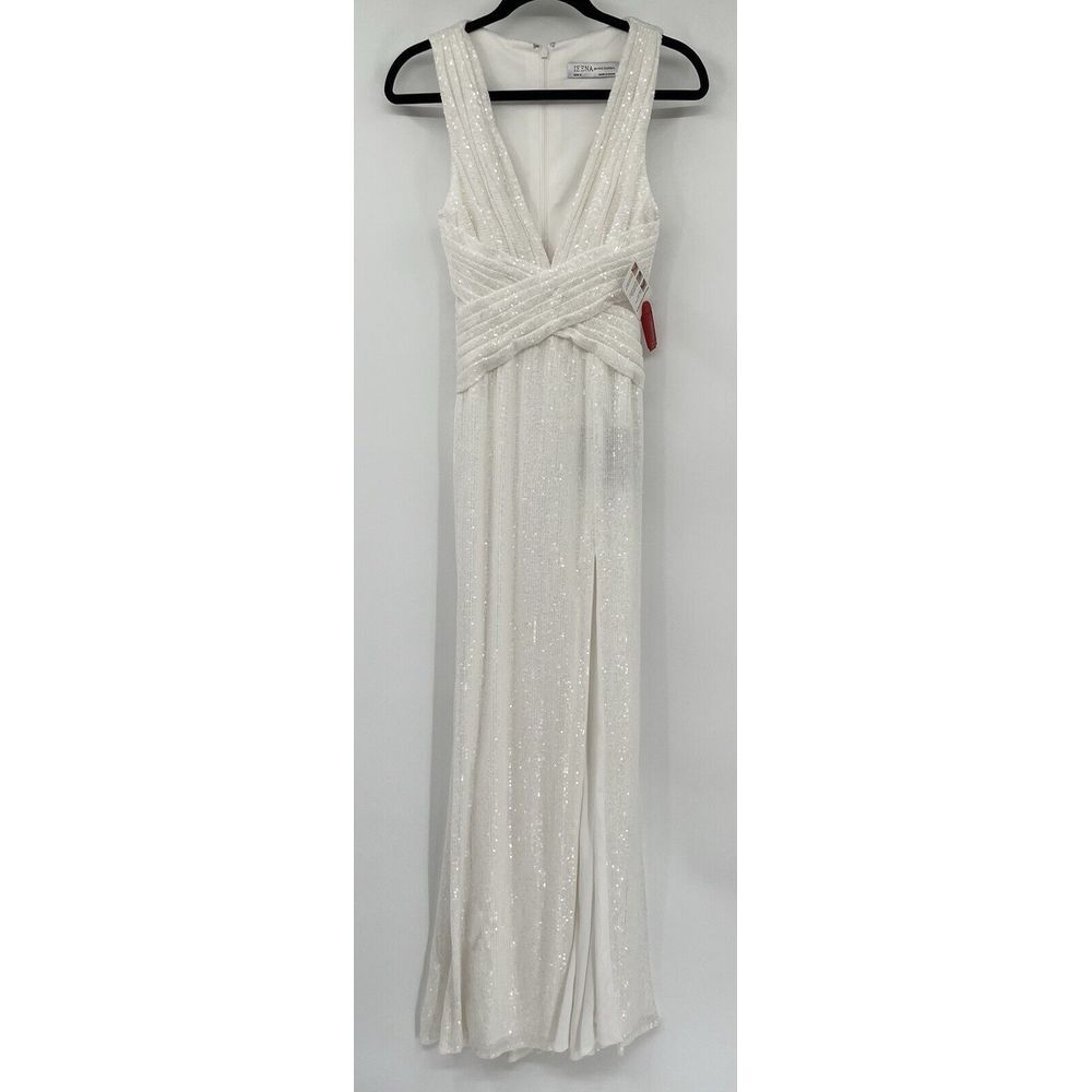 NWT Mac DUGGAL 26598 White Sequin Sheath High Leg Slit‎ Fitted Gown Dress Size 0